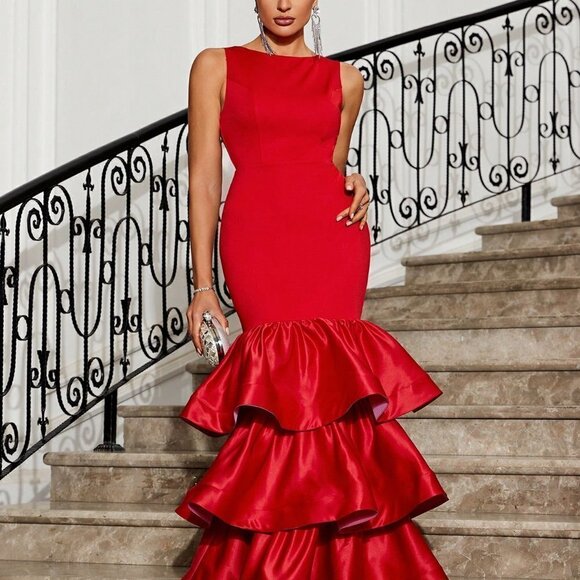 . Dresses & Skirts - Red Preppy Womens Evening Dress With Tiered Hem And Patchwork Fabric